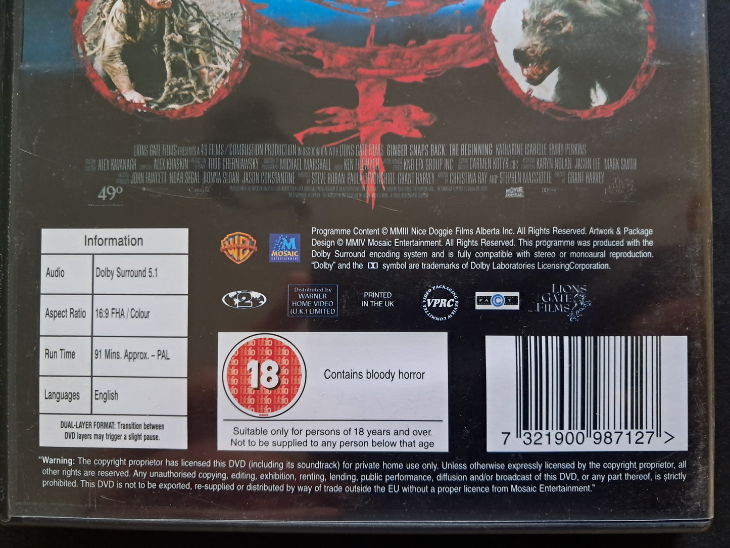Ginger Snaps Back: The Beginning DVD ( Grant Harvey, 2004)